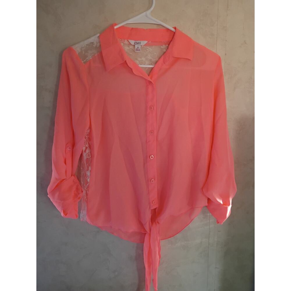 Candies Y2K Tie Front Lace Blouse Vivid Coral Orange Going Out Top Small Western - Picture 10 of 13
